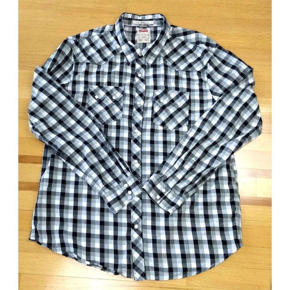 LEVIS Pearl Snap Shirt Mens XXL Plaid Buffalo Check Western Sawtooth Pockets 2XL